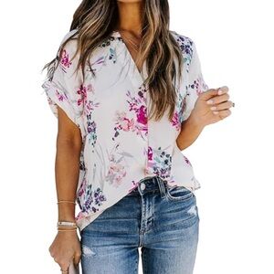 White pink floral split notch neckline short sleeve loose fit blouse size medium